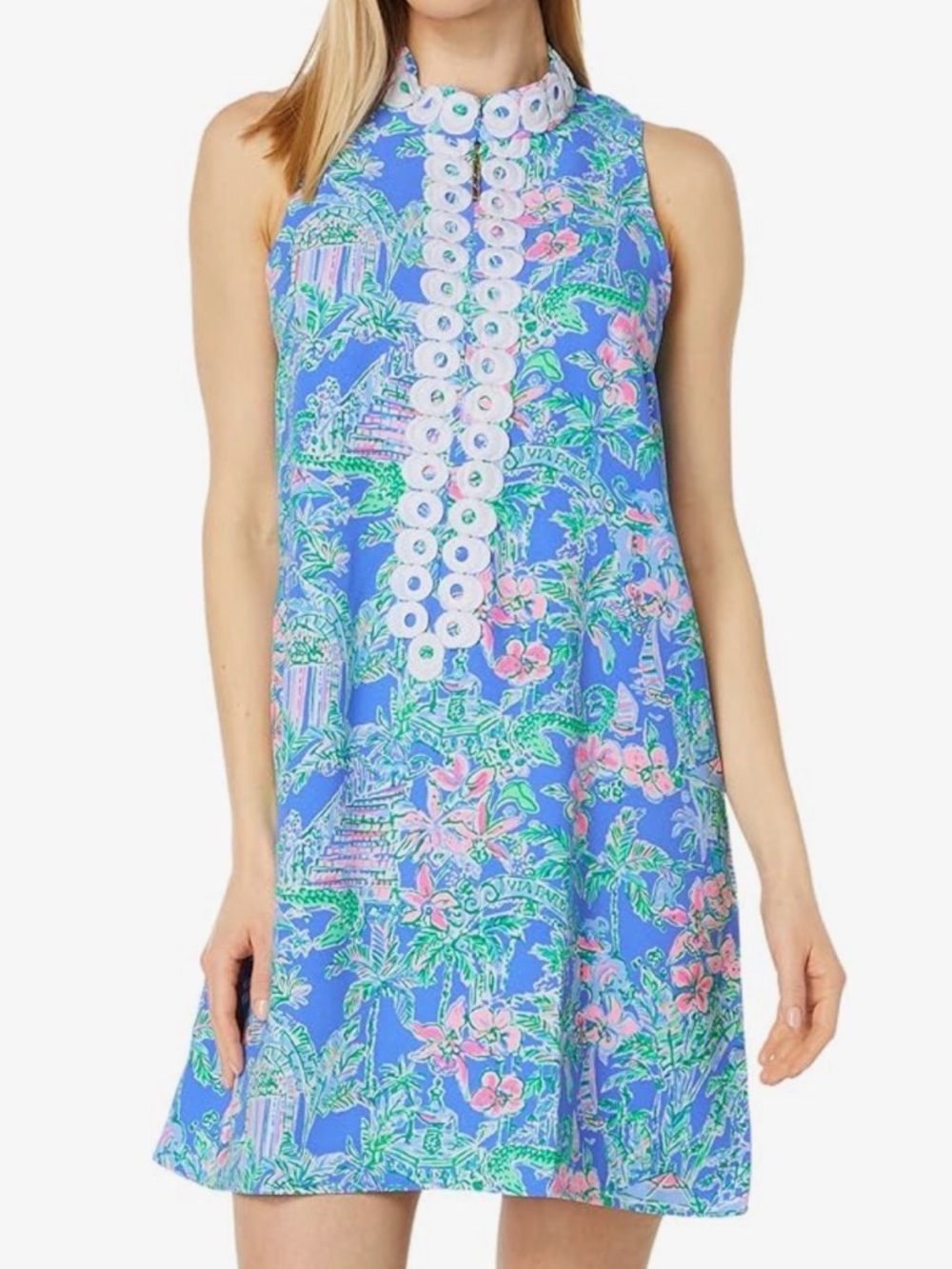 Lilly Pulitzer Blue Floral Sleeveless Shift Dress with White Trim